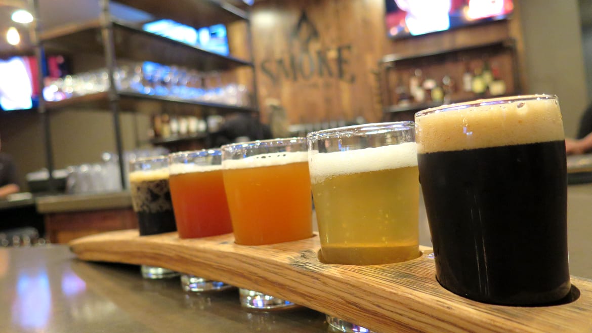 A flight of beers at Smoke Brewing 
