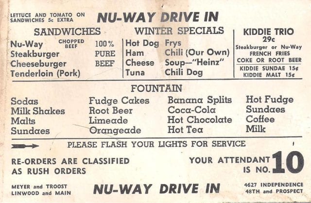 menu at the Nu-Way Drive-In