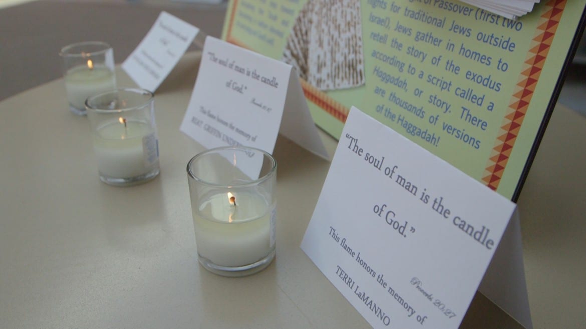 Photo of lit candles on the table with cards.