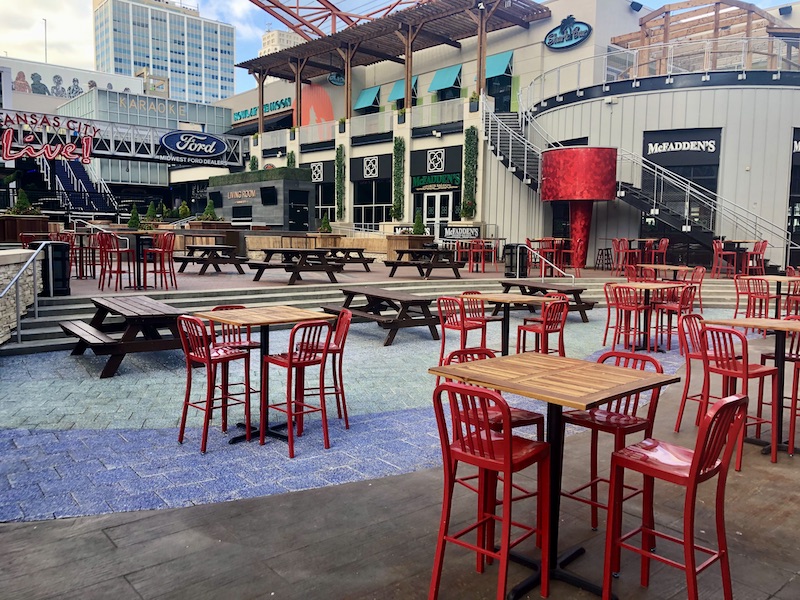 Tables for KC Live! restaurant and bar patrons will occupy the space for now, rather than crowds of revelers.