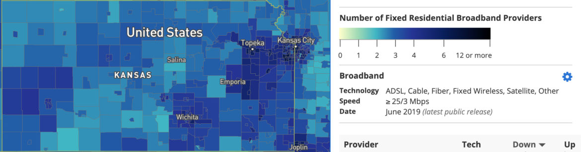 FCC map of broadband access in Kansas.