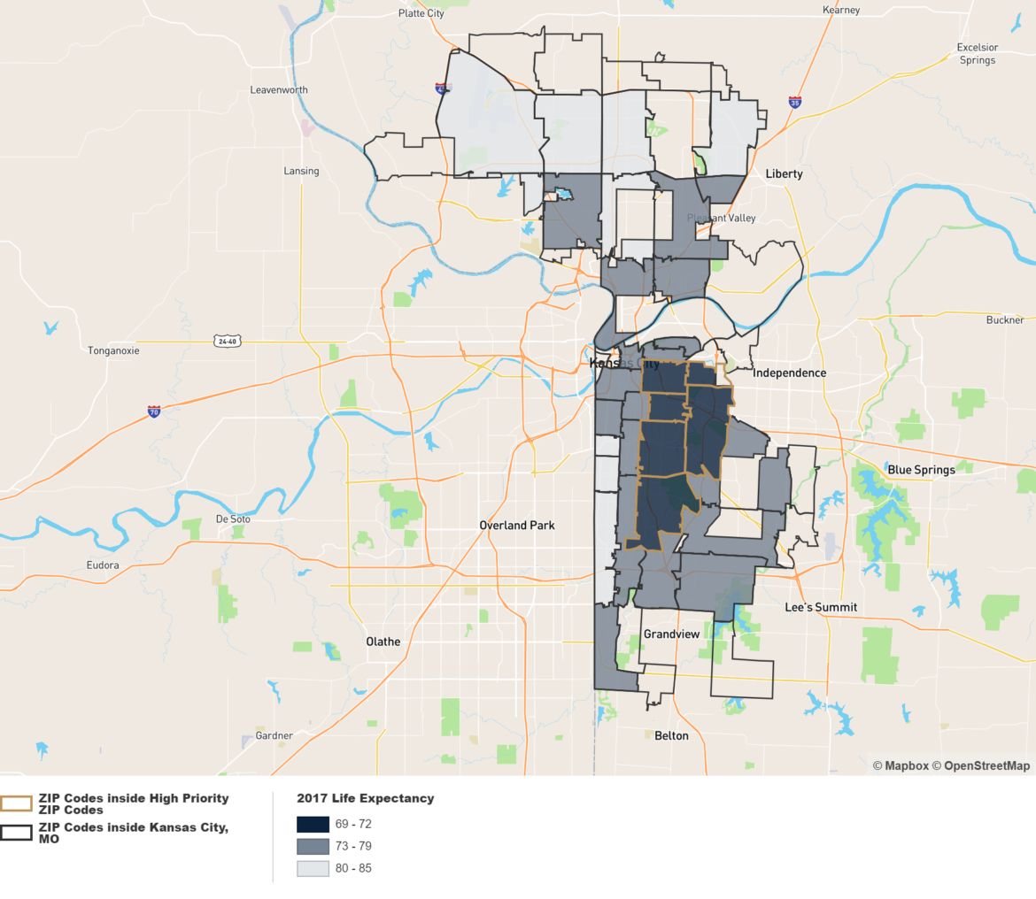 Life expectancy by zip code in Kansas City.