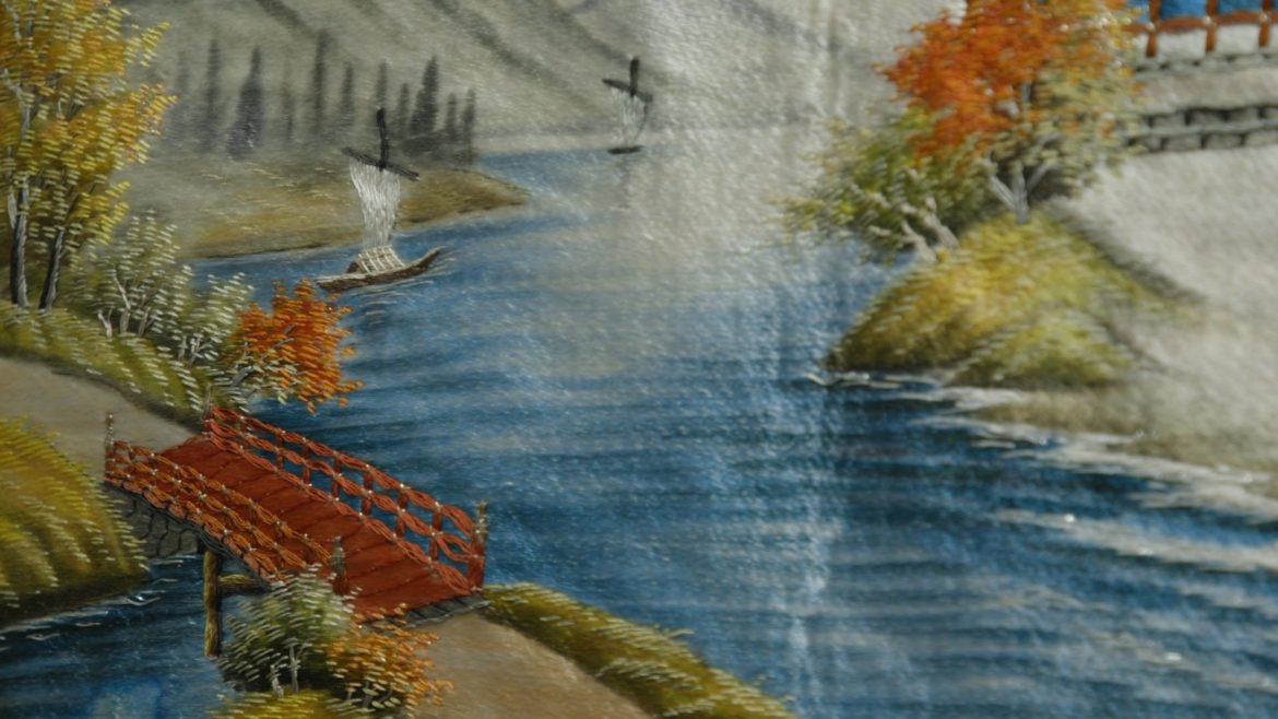 An example of intricate woven silk art at the National Silk Art Museum in Weston, Missouri.