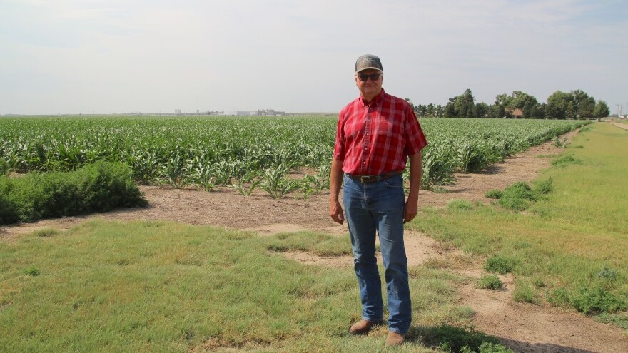 Larry Jones' farm is so close to the Tyson Foods' meatpacking plant that beef trucks often take wrong turns into his fields. The plant can be seen in the distance over his right shoulder.