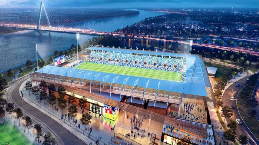 The new women’s professional soccer stadium will be accessible by a planned riverfront streetcar extension.
