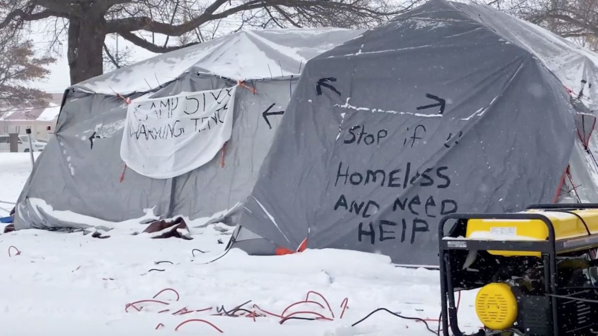 Warming tents at a homeless encampment in Kansas City.