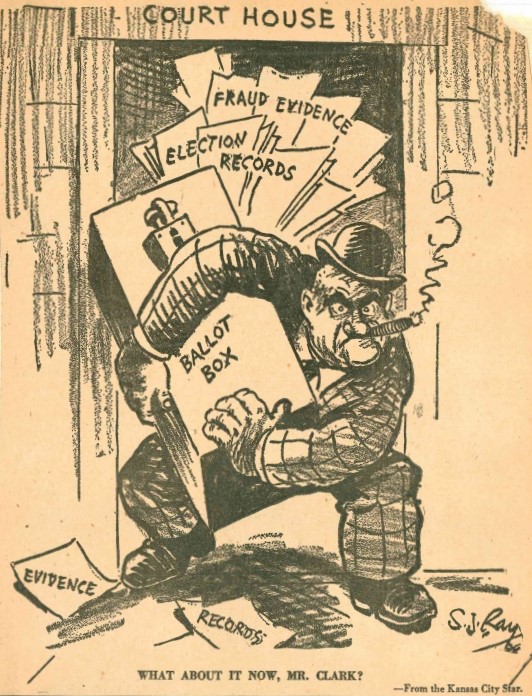 Following the 1947 blowing of a Jackson County Courthouse safe, a Kansas City Star editorial cartoon goaded the U.S. Attorney Tom Clark for his apparent reluctance to aggressively investigate the incident.