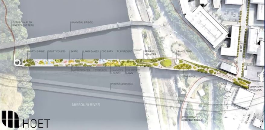 A linear park using the existing Buck O'Neil Bridge would need new connections to the shore on both sides of the Missouri River. uck O'Neil Bridge would need new connections to the shore on both sides of the Missouri River.