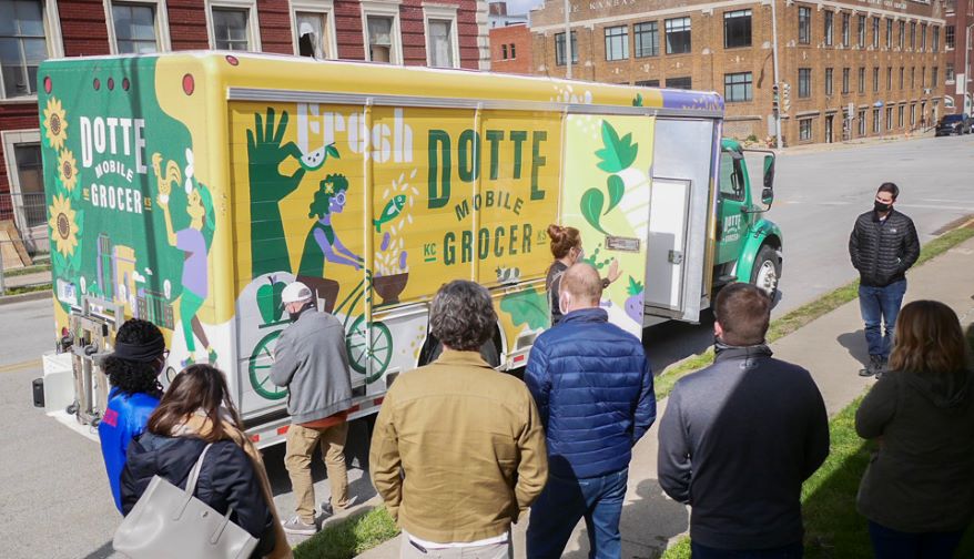 The Dotte Mobile Grocer makes food available in KCK neighborhoods at set times and at specific locations based on community demand. The truck is stocked with fresh produce, meats and dairy, as well as meal kits and other staples and household items.