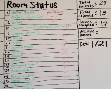 A whiteboard reflects the occupancy of Lotus Care House on Jan. 21.