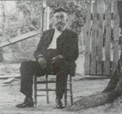 Descendants of Reuben Samuel, stepfather to Frank and Jesse James, believe he likely suffered brain damage after being hung from a tree branch during an 1863 visit to the family’s Clay County farm by federal militia members. This photo depicts Samuel sitting beneath the tree from which he was hung.
