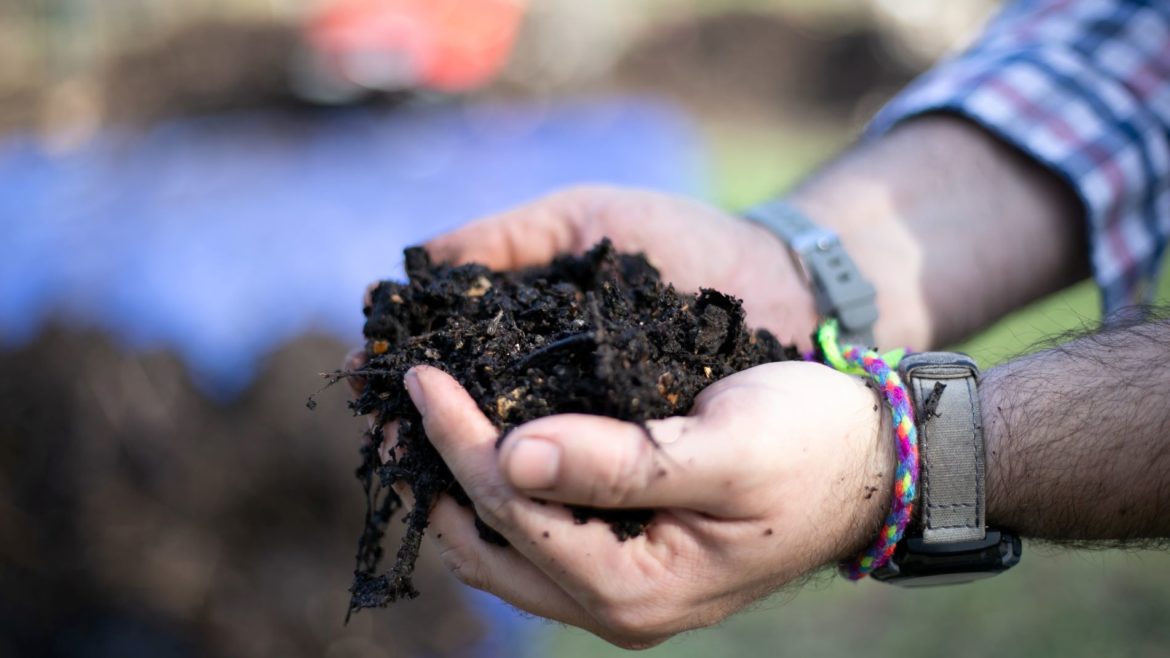 A man holds a handful of compost.