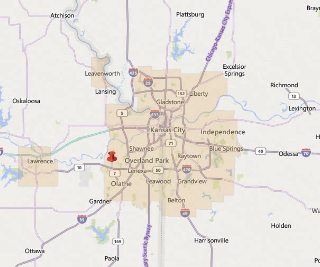 Map of Kansas City area shows tan colored section over the metro area.