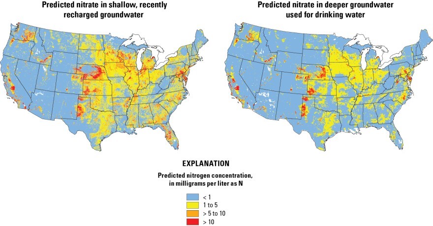 Two maps from the United States Geological Survey show predicted nitrate concentrations in shallow groundwater, left, and deeper groundwater that's commonly used for drinking water, right. Agricultural regions like the High Plains have some of the most widespread predicted concentrations.