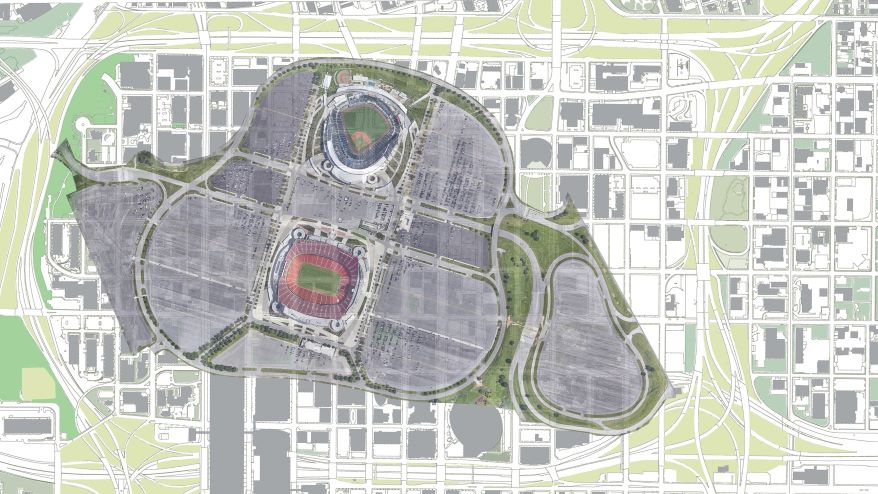 One concern about a downtown ballpark is parking. This image shows the Truman Sports Complex and its parking lots cover an area almost as large as downtown and all its garages within the downtown freeway loop.