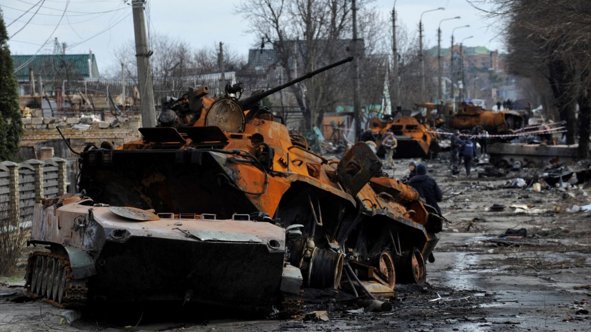 Destroyed military equipment of the Russian army in the city of Bucha, Ukraine.
