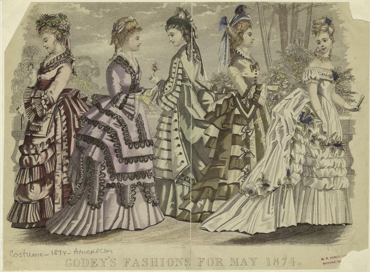 Old book page of ladies wearing puffy dresses with lots of ruffles and layers.