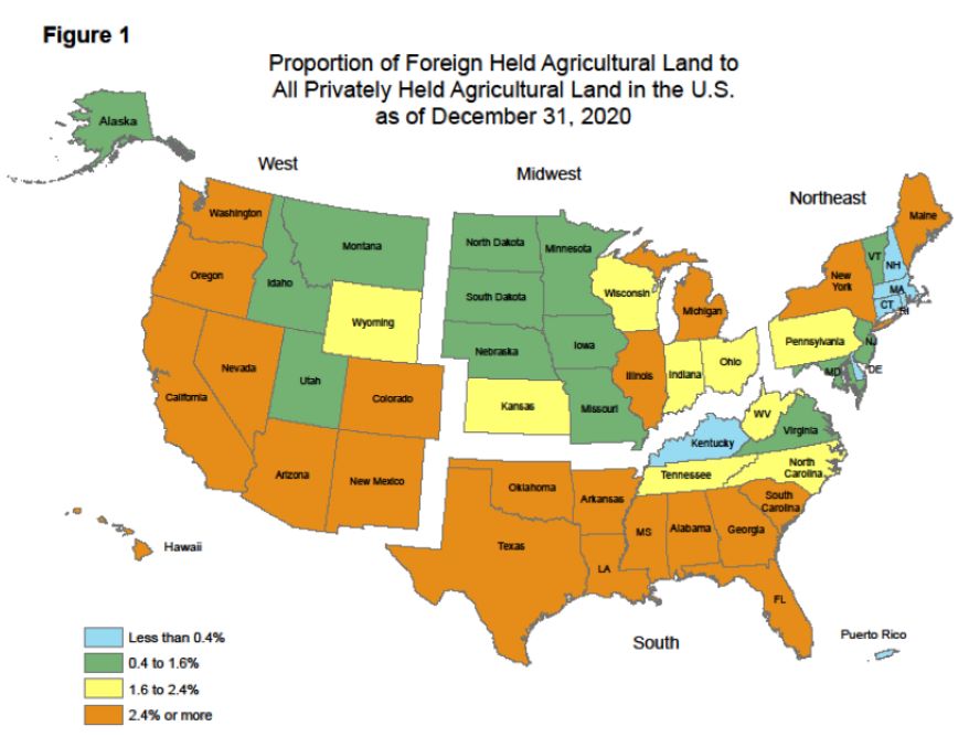 This USDA graphic shows the proportion of foreign-held agriculture land to all privately held agriculture land.