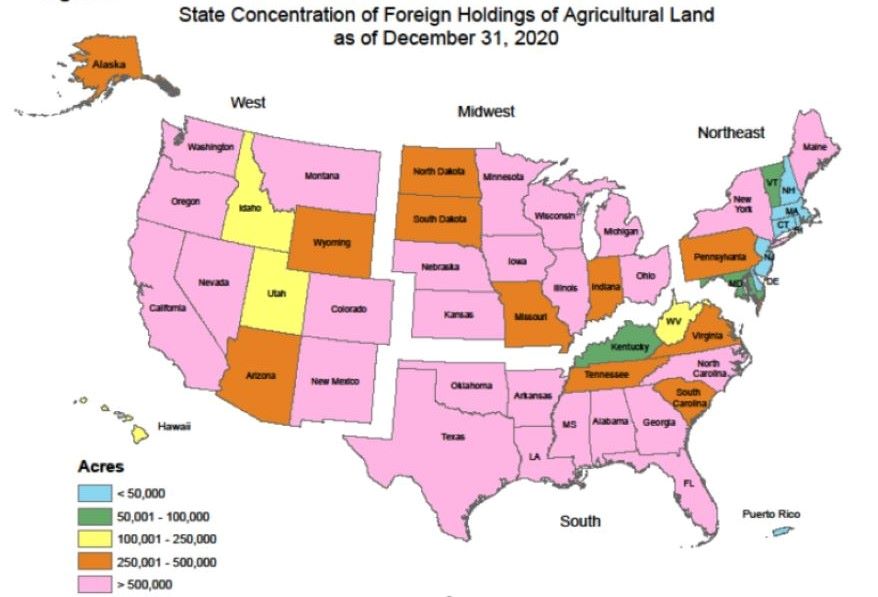 This USDA graphic shows the concentration of foreign holdings of agricultural land in each state.