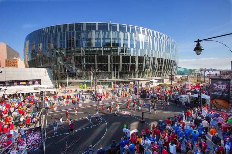 Swarms of people outside the Sprint Center for the Big 12 men's basketball games.