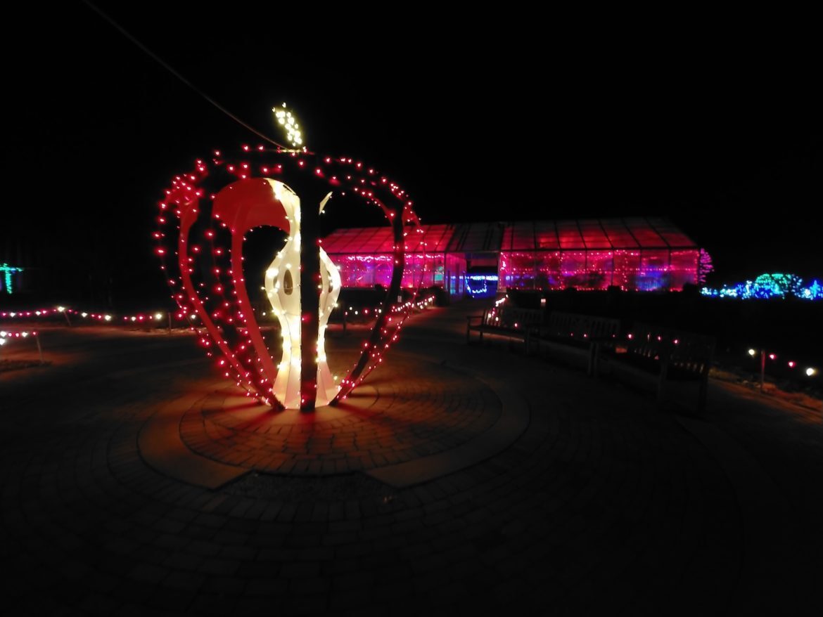 An illuminated apple at Powell Gardens.