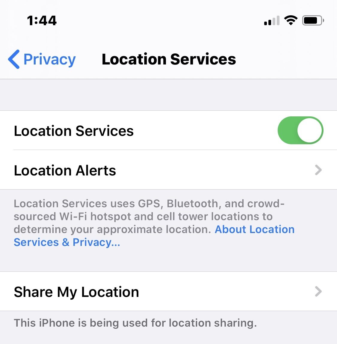 Location Services settings