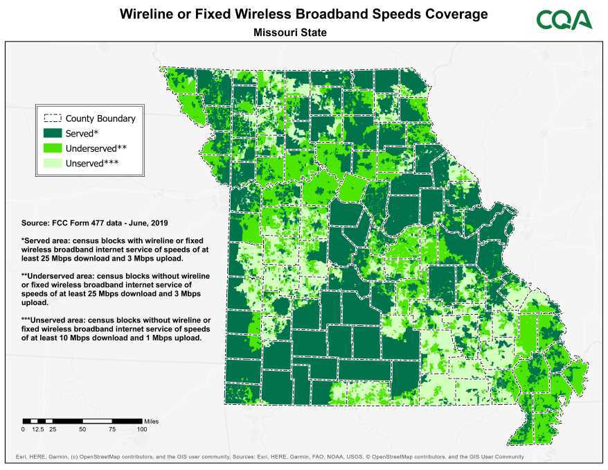 Broadband coverage map in Missouri.
