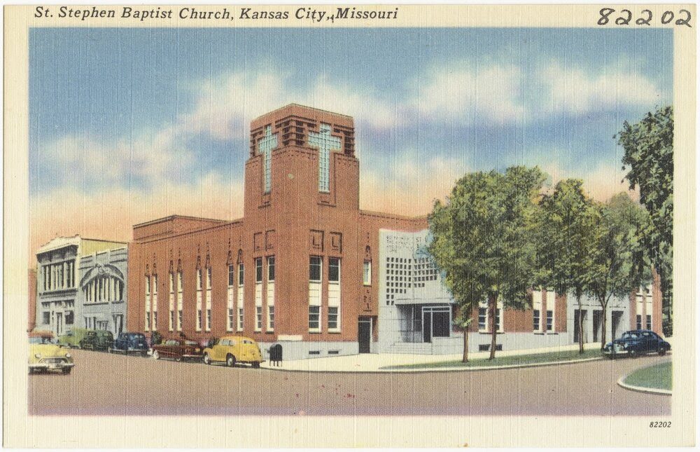 Postcard image of St. Stephen Baptist Church in Kansas City, Missouri, circa 1945.