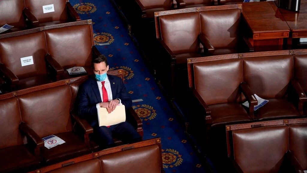 U.S. Sen. Josh Hawley (R-MO) sits alone in the House Chamber before a joint session of Congress on Jan. 06, 2021 in Washington, D.C.