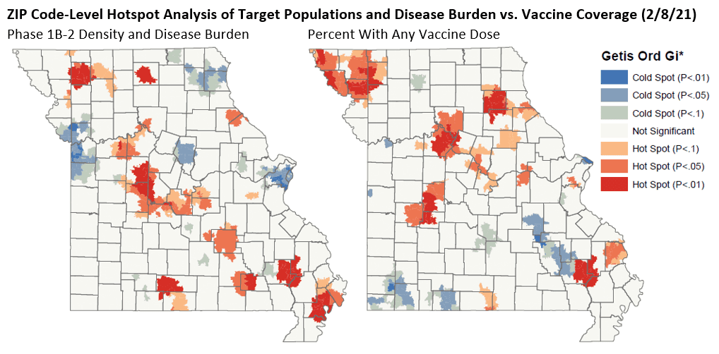 Maps comparing COVID-19 vaccine distribution with where the disease is most prevalent.