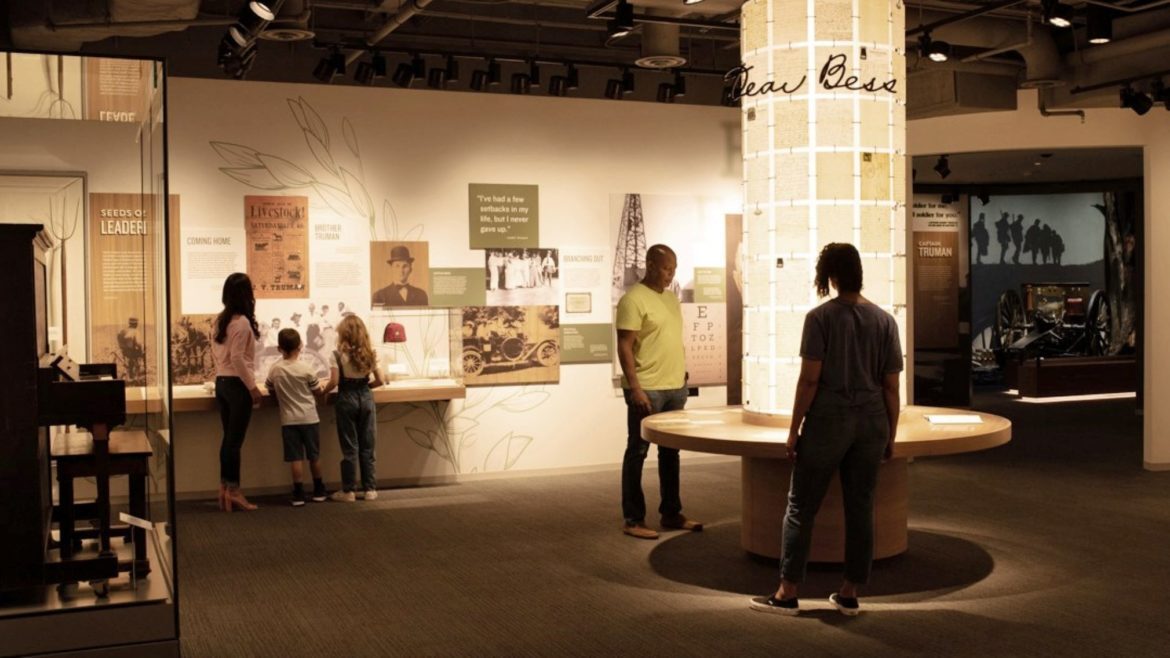 To illustrate the constant stream of letters that Harry Truman wrote to his wife Bess Wallace Truman, exhibit fabricators have designed a "letter tower" from facsimiles of those letters.