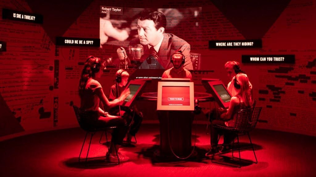 In a room devoted to the "Red Scare" of the Cold War, guests will be bathed in red light as they participate in a "Loyalty Review Board" role-playing game at the same time film footage will depict figures from the Hollywood entertainment industry - such as actor Robert Taylor - testifying before the House Un-American Activities Committee.