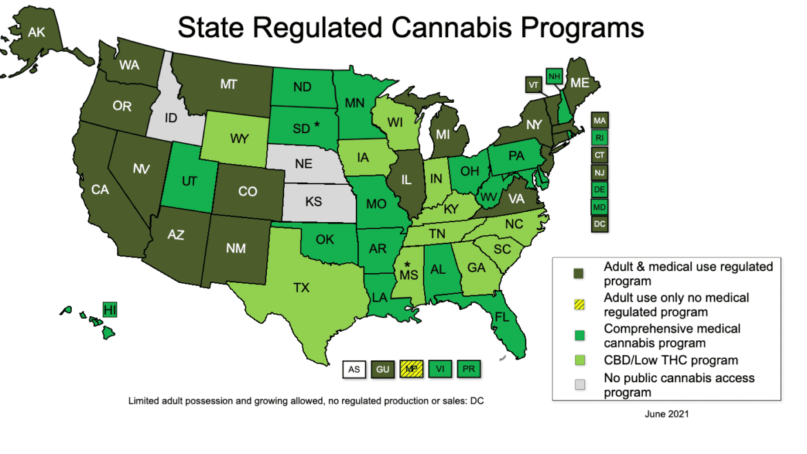 June 2021 map of state regulated cannabis programs.