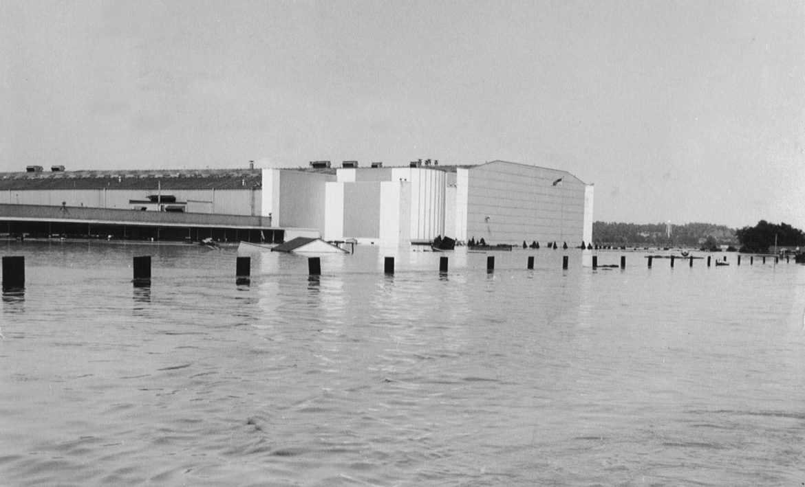 General Motors plant in the Fairfax Industrial District as it was inundated by flood waters in 1951.