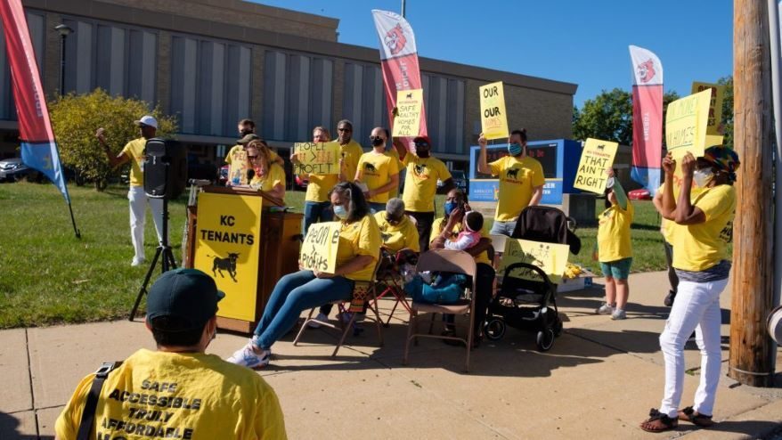 Platte County resident Leslie Vaughn speaks at the KC Tenants press conference demanding that the city improve its rental assistance program. Vaughn applied for rental assistance earlier this year, but still received an eviction notice from her landlord.