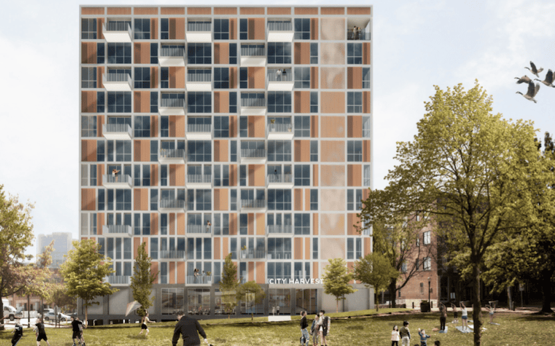 Another view of the proposed Flaherty & Collins tower looking south. The developer proposes to spend $500,000 to enhance the green space depicted in the foreground.