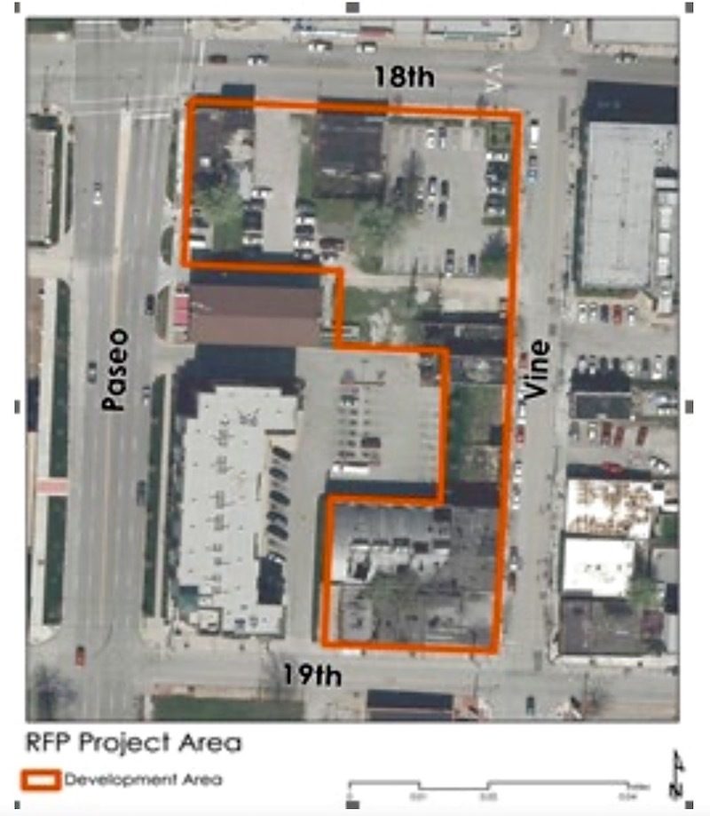 Aerial view of the block between 18th and 19th streets from Vine to The Paseo.