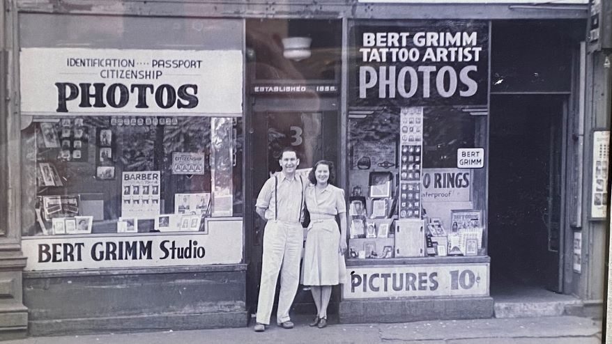 Bert and Julia Grimm in front of their St. Louis shop.